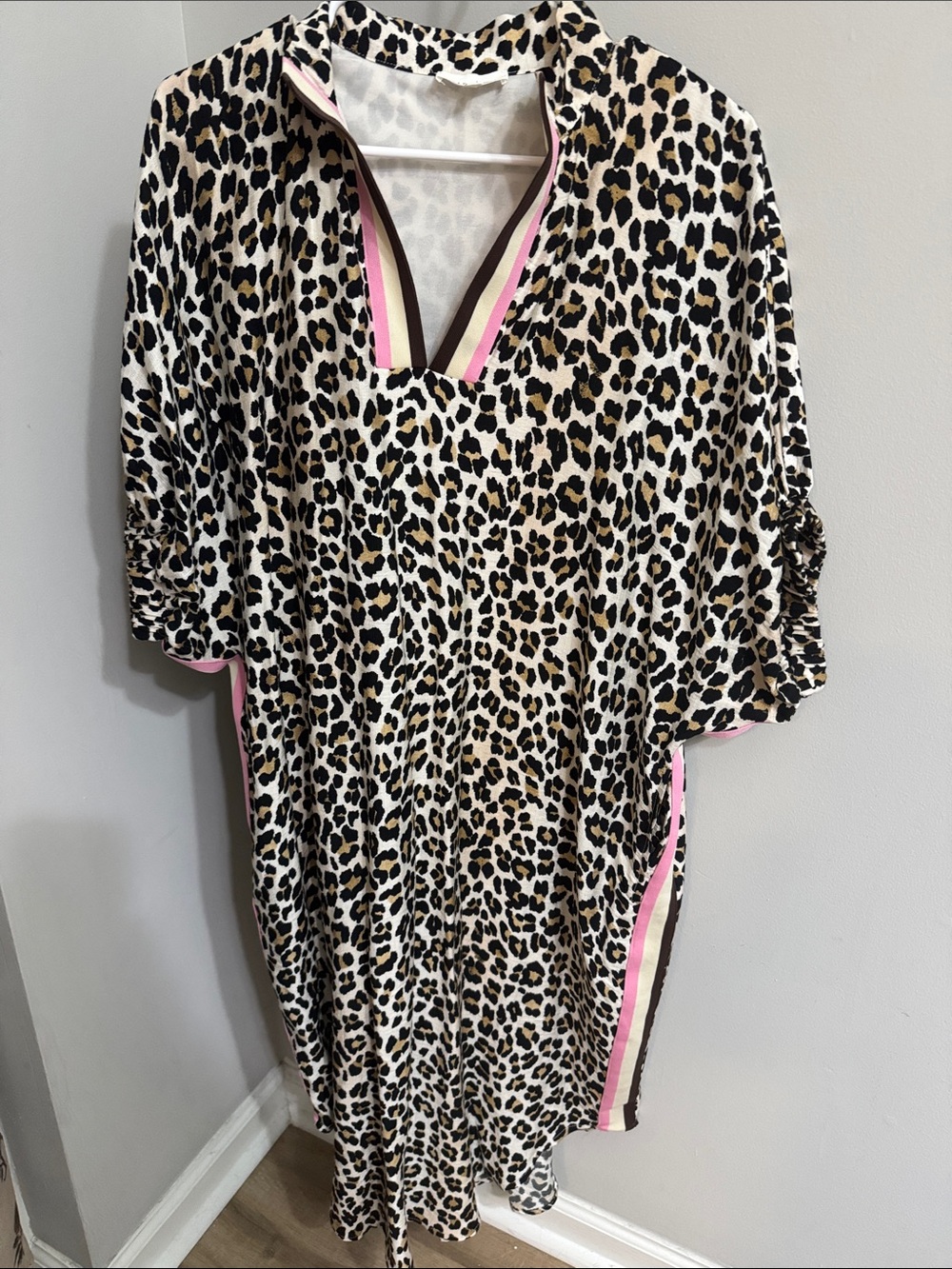entro Leopard-Print Midi Dress with Pink & Brown Trim